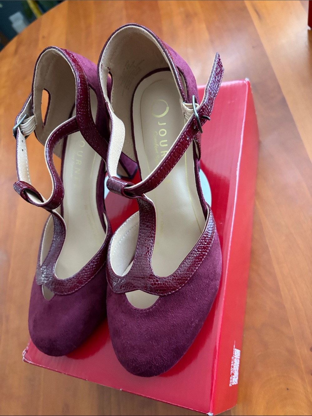 Burgundy Suede & Patent T-Strap Heels
